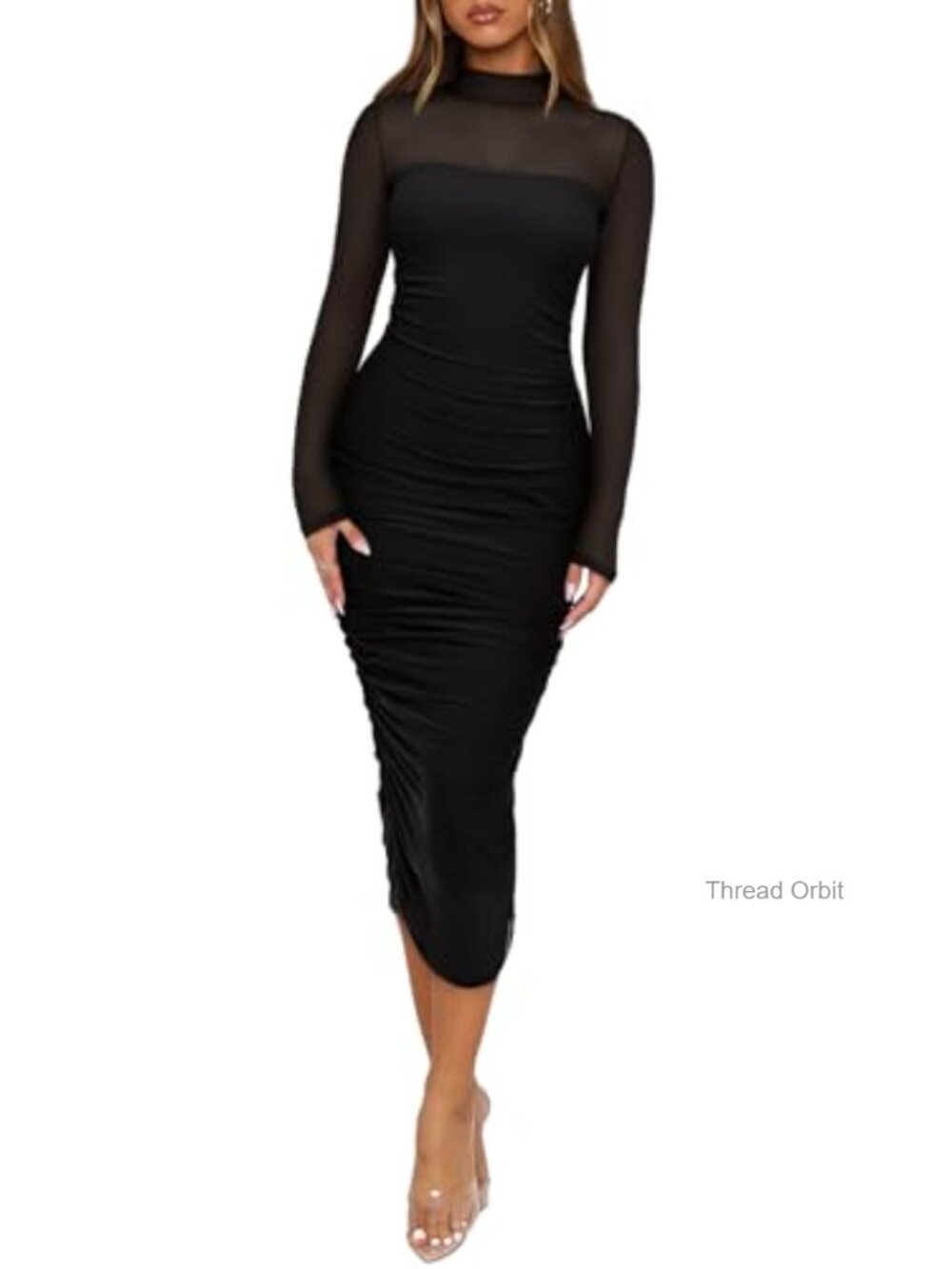 Women's Mesh Sheer Long Sleeve Midi Ruched Bodycon Mock Neck Evening Dress